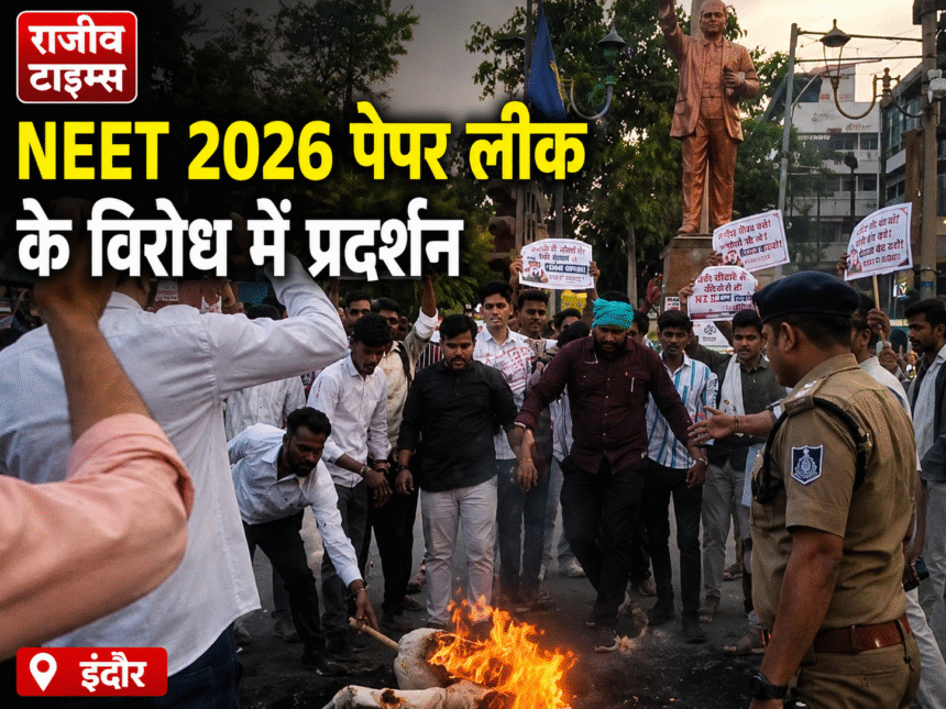 Indore students protesting against NEET 2026 paper leak issue in Madhya Pradesh