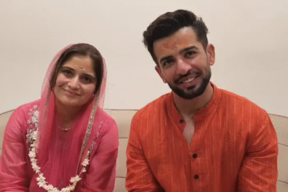 Jay Bhanushali and Aarti Singh at Mahakal Temple premises with devotional atmosphere, temple architecture and Mahakal corridor visuals.