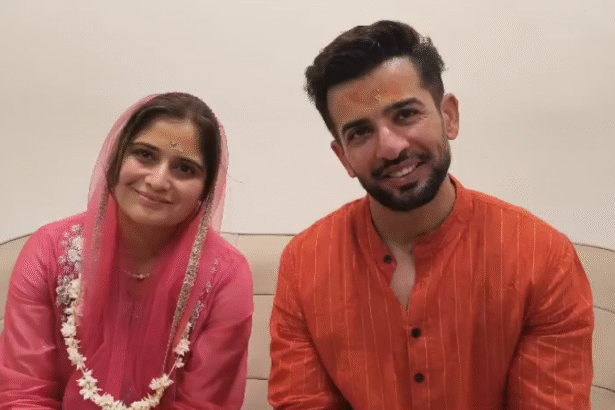 Jay Bhanushali and Aarti Singh at Mahakal Temple premises with devotional atmosphere, temple architecture and Mahakal corridor visuals.