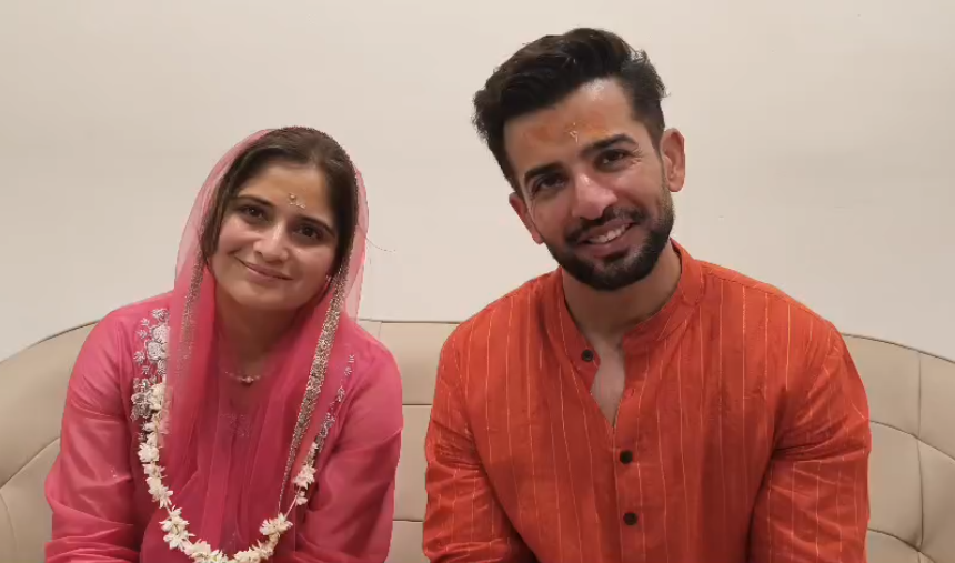 Jay Bhanushali and Aarti Singh at Mahakal Temple premises with devotional atmosphere, temple architecture and Mahakal corridor visuals.