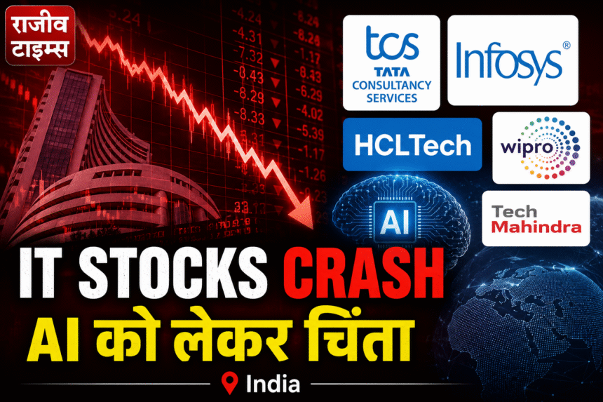 India IT Stocks Crash showing TCS, Infosys and other IT stocks falling after a strong rally amid AI disruption concerns and market volatility.