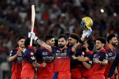 Virat Kohli holding the IPL trophy with RCB players celebrating at Narendra Modi Stadium, confetti in the background and championship moment focus.