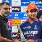 Vaibhav Suryavanshi holding MVP trophy, Orange Cap, award presentation stage and Tata Sierra visual in a championship-style sports graphic.