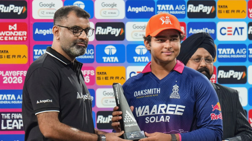 Vaibhav Suryavanshi holding MVP trophy, Orange Cap, award presentation stage and Tata Sierra visual in a championship-style sports graphic.